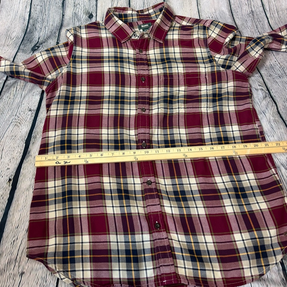Roots Red Cream Navy Plaid Women’s Flannel Shirt 100% Cotton Cabincore Sz Medium - Picture 9 of 12